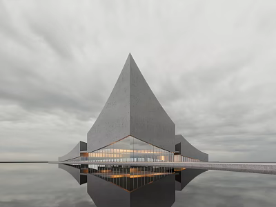 Modern Geometric Sales Office Building With Glass Curtain Walls And Water Reflection Under Cloudy Sky 3d model