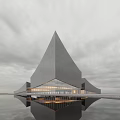 Modern Geometric Sales Office Building With Glass Curtain Walls And Water Reflection Under Cloudy Sky