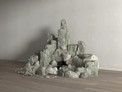 Stacked Rocks Water Feature Fountain with Hole in Middle Gray Wall and Wooden Floor 3d model