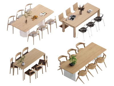 Modern Wooden Dining Table Set With Various Chairs And Decorative Elements 3d model