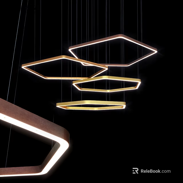 Modern Geometric Chandeliers With Illuminated Golden Frames Hanging In Dark Space 3d model 
