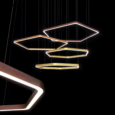 Modern Geometric Chandeliers With Illuminated Golden Frames Hanging In Dark Space 3d model