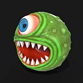 Green Monster Sphere With Single Large Blue Eye Open Mouth And Sharp White Teeth 3d model