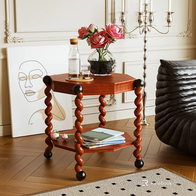 Wooden Side Table With Twisted Legs Two Tiered Design Vase Pink Roses Books 3d model 