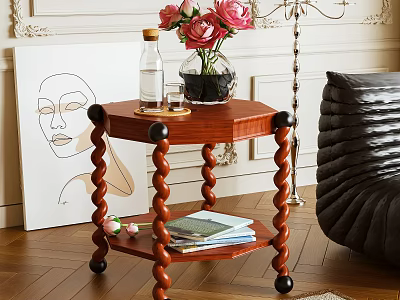 Wooden Side Table With Twisted Legs Two Tiered Design Vase Pink Roses Books 3d model