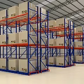 Spacious Warehouse Interior With Blue Metal Shelves And Neatly Stacked Boxes