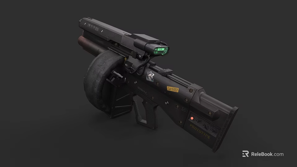 Futuristic Black Weapon Featuring Green Scope And Mechanical Tactical Details 3d model 