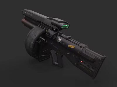 Futuristic Black Weapon Featuring Green Scope And Mechanical Tactical Details 3d model