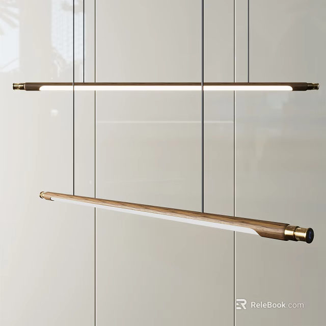 Two Sleek Linear Pendant Lights In Modern Kitchen With Brass Accents 3d model 