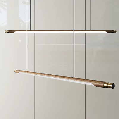 Two Sleek Linear Pendant Lights In Modern Kitchen With Brass Accents 3d model