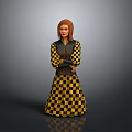 Red Haired Woman In Yellow Black Checkered Dress Standing Arms Crossed On Gray Background