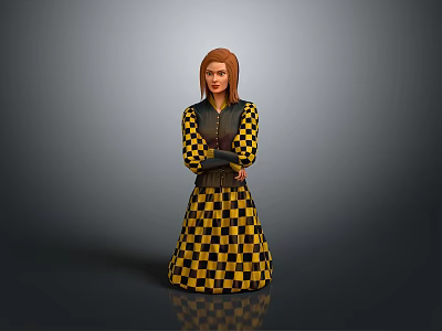 Red Haired Woman In Yellow Black Checkered Dress Standing Arms Crossed On Gray Background 3d model