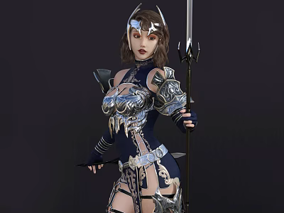 Game Movie Character in Silver Armor With Blue Outfit Star Shaped Helmet and Spear 3d model