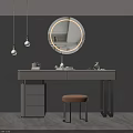 Elegant Modern Dressing Table With Round Mirror Pendant Lights Drawers And Stool 3d model