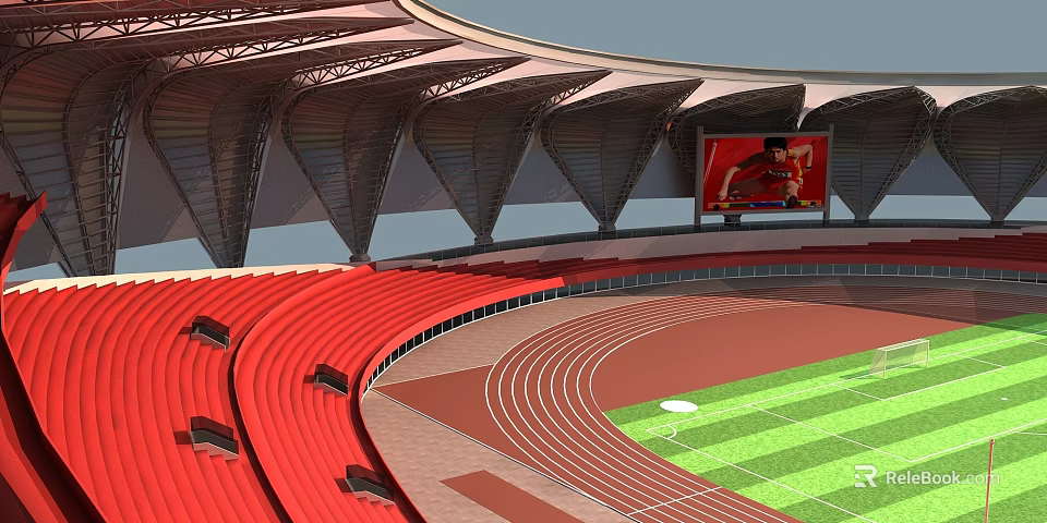Modern Sports Stadium With Red Stands Running Track Green Field And Large Screen Showing Athlete 3d model 