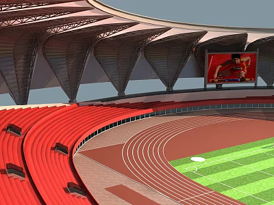 Modern Sports Stadium With Red Stands Running Track Green Field And Large Screen Showing Athlete 3d model
