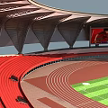 Modern Sports Stadium With Red Stands Running Track Green Field And Large Screen Showing Athlete