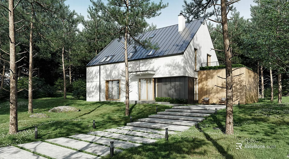 Detached Villa With White Exterior Gray Roof Stone Steps And Tree Surroundings 3d model 