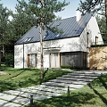 Detached Villa With White Exterior Gray Roof Stone Steps And Tree Surroundings