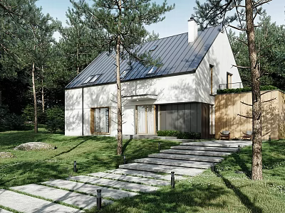 Detached Villa With White Exterior Gray Roof Stone Steps And Tree Surroundings 3d model