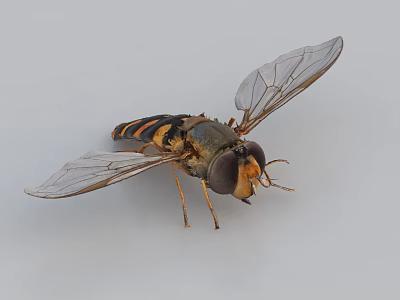 Hoverfly With Striped Body Large Compound Eyes And Transparent Wings On White Background 3d model