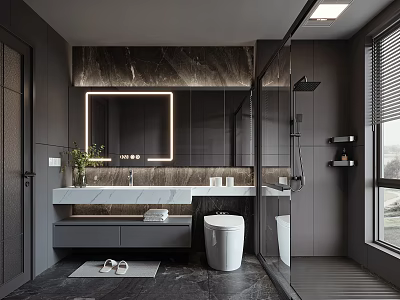 Modern Luxury Bathroom with Dark Marble Walls Large LED Mirror White Vanity and Freestanding Shower 3d model