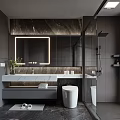 Modern Luxury Bathroom with Dark Marble Walls Large LED Mirror White Vanity and Freestanding Shower