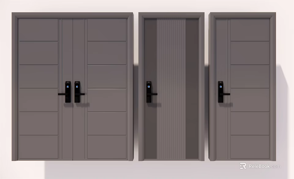 Contemporary Security Doors With Various Panel Patterns Gray Finish And Black Handles 3d model