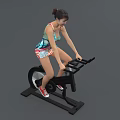 Woman Exercising on Stationary Bike in Colorful Sportswear Against Gray Background