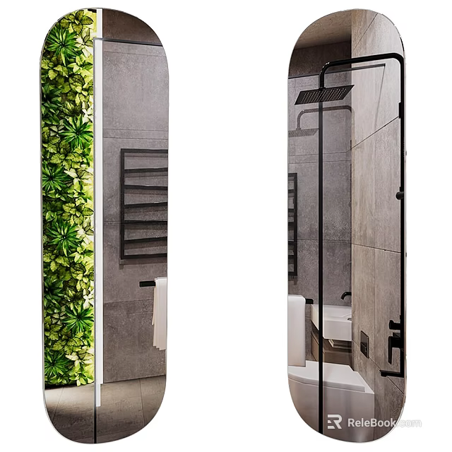 Modern Bathroom Mirror with Green Plant Wall Towel Rack and Shower Area Design 3d model 