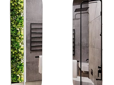Modern Bathroom Mirror with Green Plant Wall Towel Rack and Shower Area Design 3d model
