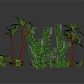 Cartoon Scenery With Green Plants Red Tree Trunks Palm Trees Vines Small Shrubs And Flowers