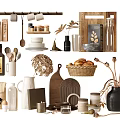 Essential Kitchen Utensils with Wooden Cutting Boards Mugs Plates Bread Basket and Olive Oil Bottle