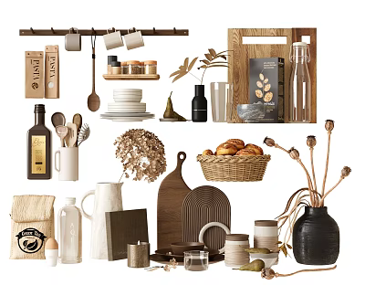 Essential Kitchen Utensils with Wooden Cutting Boards Mugs Plates Bread Basket and Olive Oil Bottle 3d model