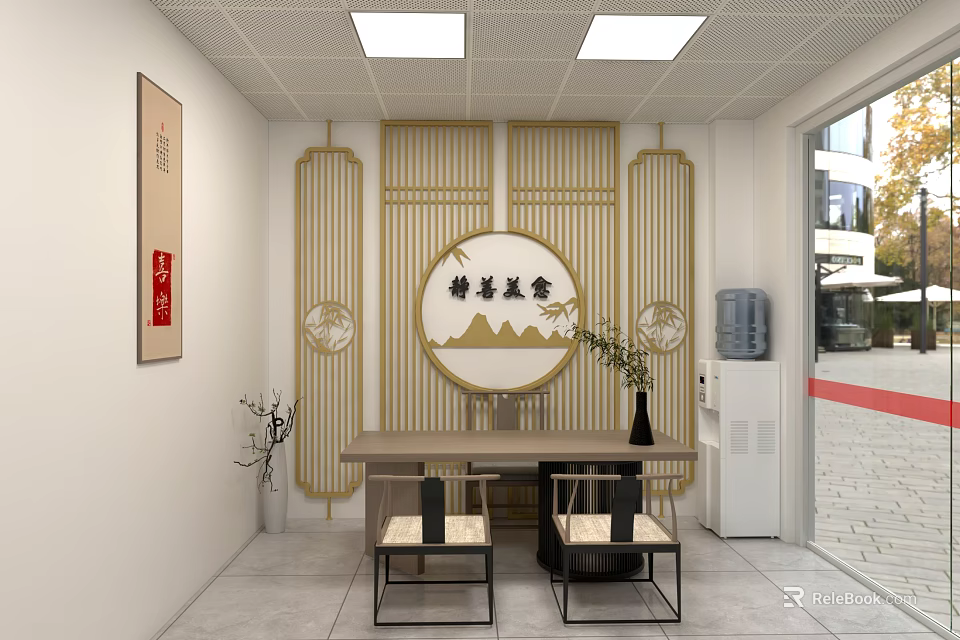 Traditional Chinese Style Lounge Room With Golden Lattice Circular Calligraphy And Wooden Furniture 3d model 