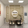 Traditional Chinese Style Lounge Room With Golden Lattice Circular Calligraphy And Wooden Furniture