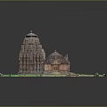 Cartoon Scene Featuring Traditional Temple Models Green Border Stone Pavement And Decorative Plants