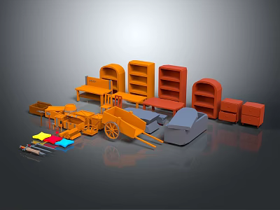 Vibrant Home Decoration Ornament Set with Orange Red Shelves Cabinets Small Tables and Cart 3d model