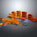 Vibrant Home Decoration Ornament Set with Orange Red Shelves Cabinets Small Tables and Cart