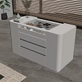 Modern White Sideboard With Glass Top Drawers And Wooden Blinds On Marble Floor