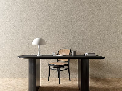 Modern Home Office Desk With White Table Lamp Wooden Chair And Beige Wall 3d model