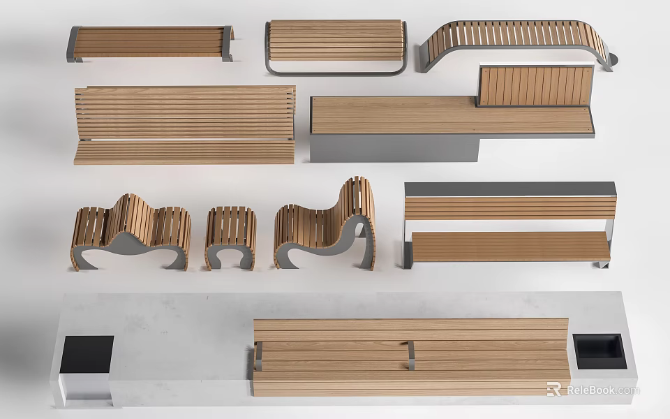 Various Wooden Bench Designs With Modern Styles And Different Structures 3d model