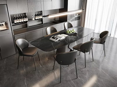 Modern Dining Table Set With Black Chairs And Marble Tabletop In Kitchen Area 3d model