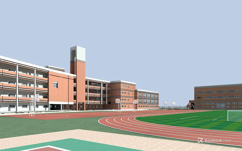 School Building Complex With Red Brick Classrooms Clock Tower And Green Playground Track 3d model