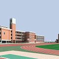 School Building Complex With Red Brick Classrooms Clock Tower And Green Playground Track 3d model