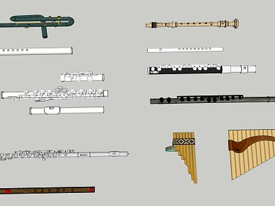 Hand Drawn Musical Instruments Collection Featuring Flutes Recorders And Pan Flutes 3d model