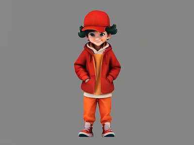 Cartoon Style Game Movie Character In Red Cap Red Hoodie Orange Pants And Red Shoes 3d model
