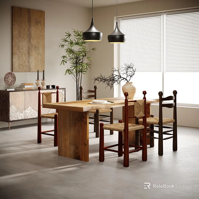 Wooden Dining Table Set With Mixed Design Chairs Potted Plant And Hanging Lamps Near Window 3d model 