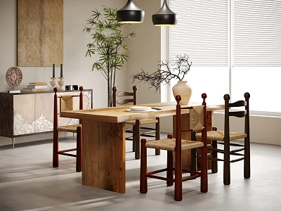 Wooden Dining Table Set With Mixed Design Chairs Potted Plant And Hanging Lamps Near Window 3d model