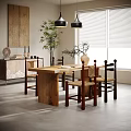 Wooden Dining Table Set With Mixed Design Chairs Potted Plant And Hanging Lamps Near Window